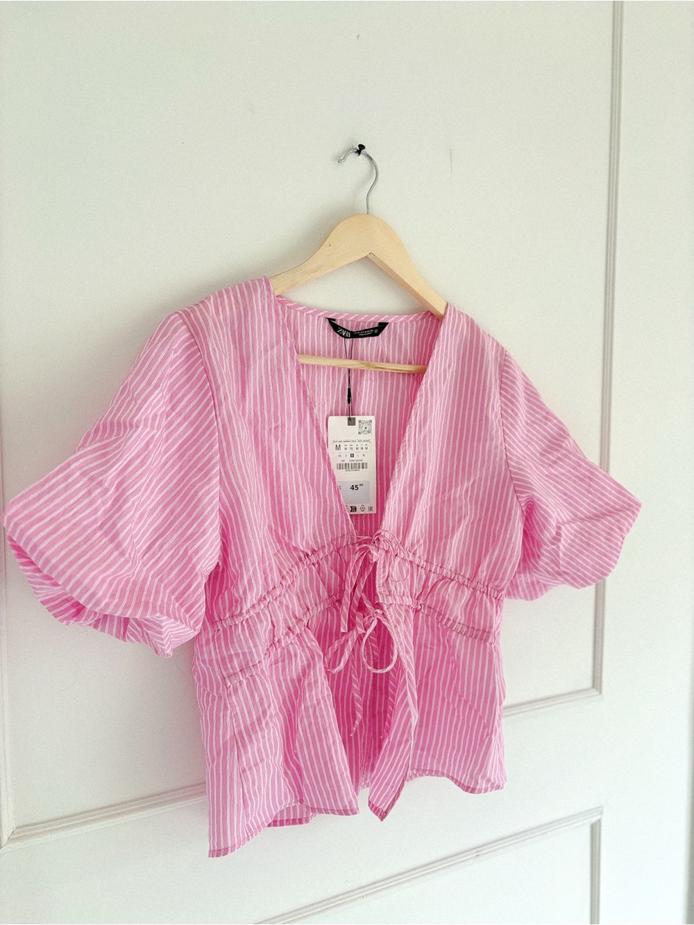 Zara Pink Striped Drawstring V-Neck Blouse